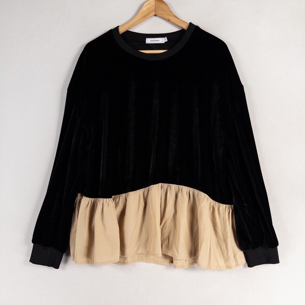 Soolinen Top Blouse Womens Sz Large Black Velour Tan Satin Trim Long Sleeve